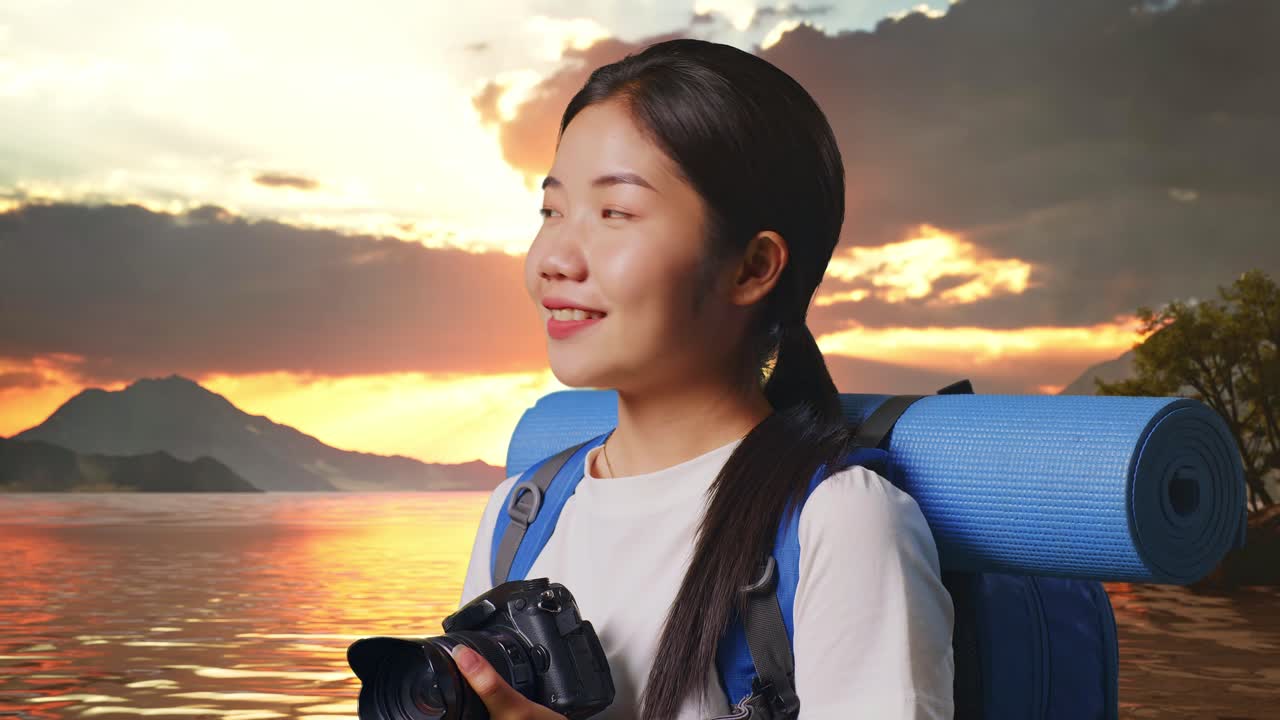Close Up Side View Of Asian Female Hiker With Mountaineering Backpack Holding A Camera In Her Hands Then Looking Around At A Lake