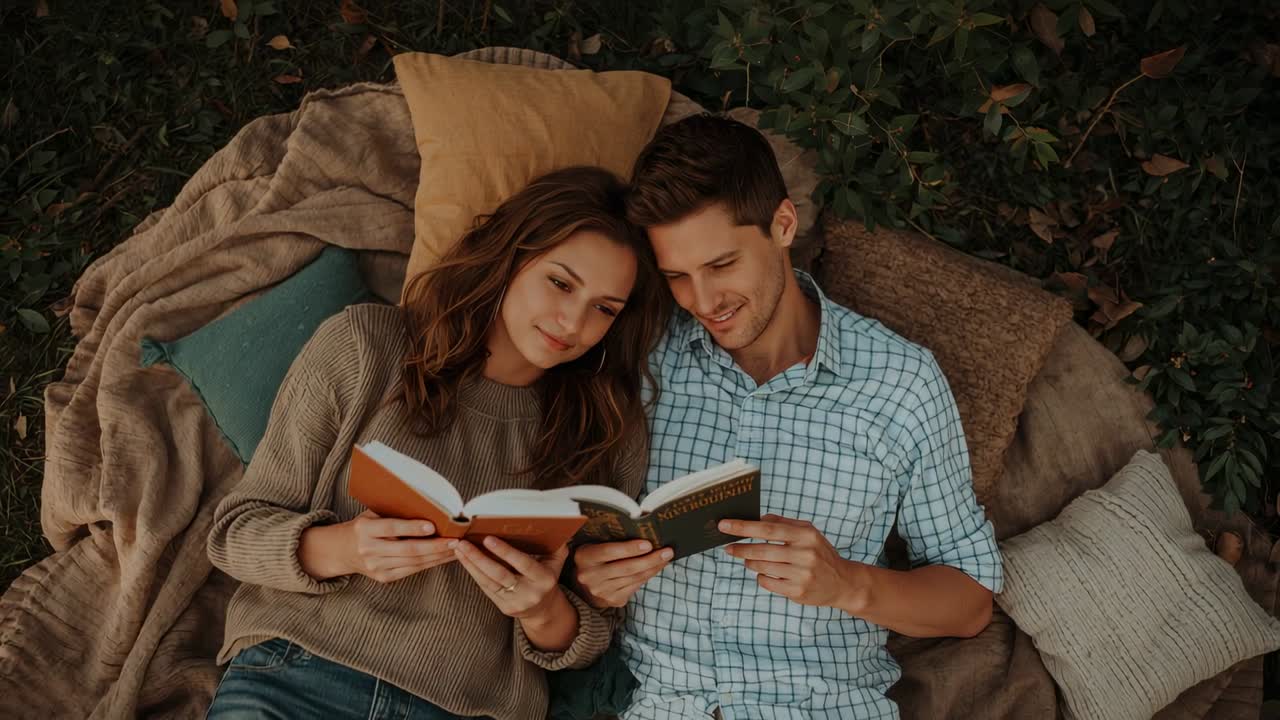 Coppia distesa che legge su una coperta in giardino, che si divide un'arancia, libri scuri, maglione da donna, camicia a quadri da uomo