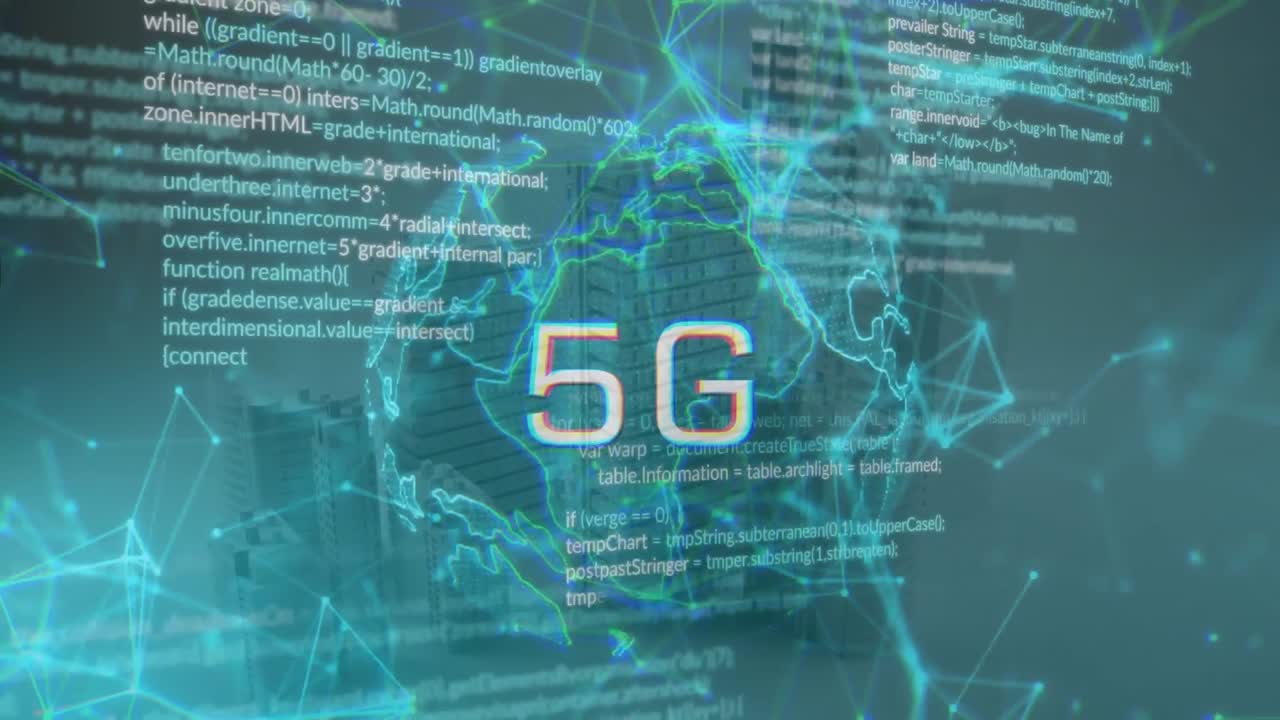 animación del procesamiento de datos y la red de conexiones sobre el paisaje urbano