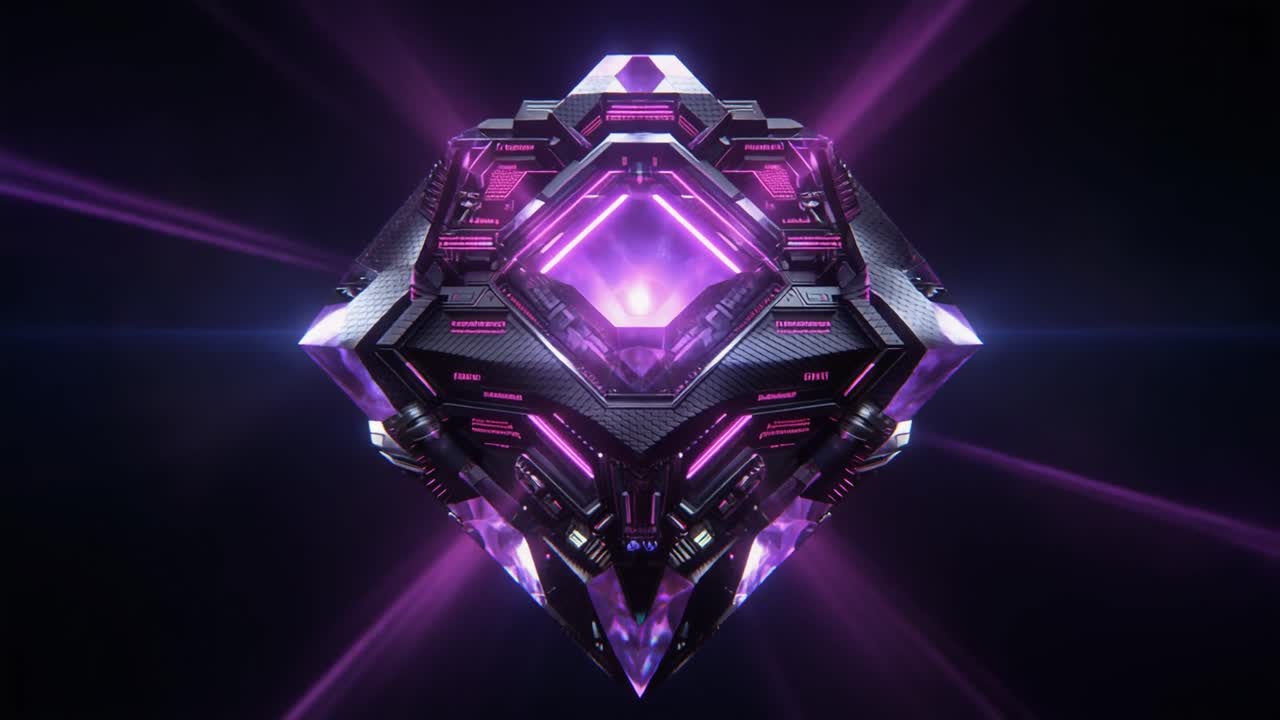 Futuristic Glowing Purple Geometric Cube Rotating