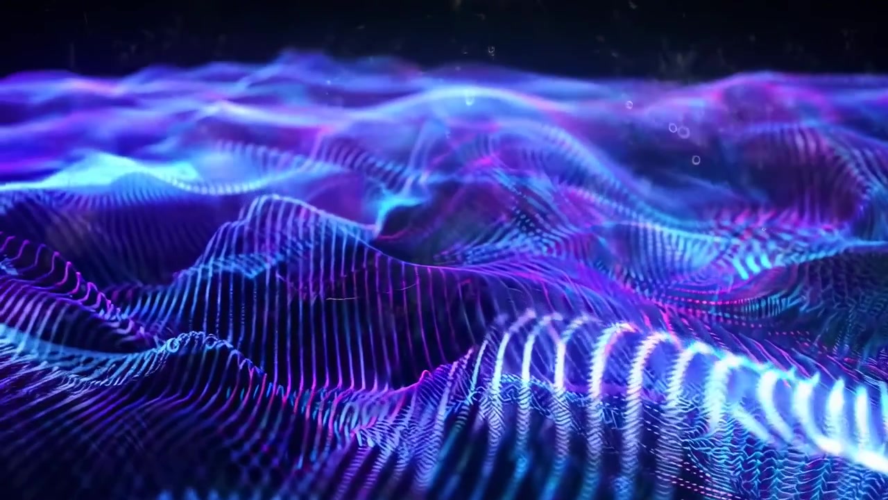 Abstract Digital Wave Background with Glowing Blue and Purple Particles