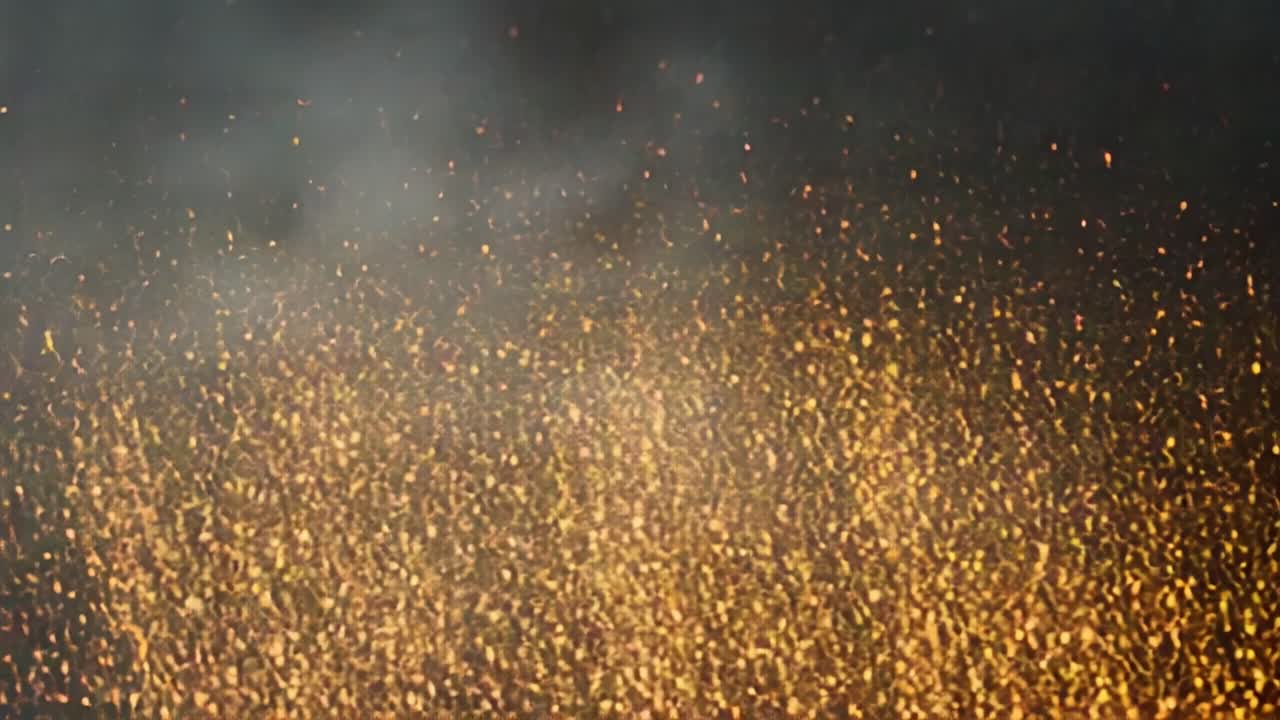 A mesmerizing display of glowing particles drifting through the air, capturing the essence of warmth and energy in a visually stunning dance of orange hues amidst a smoky backdrop