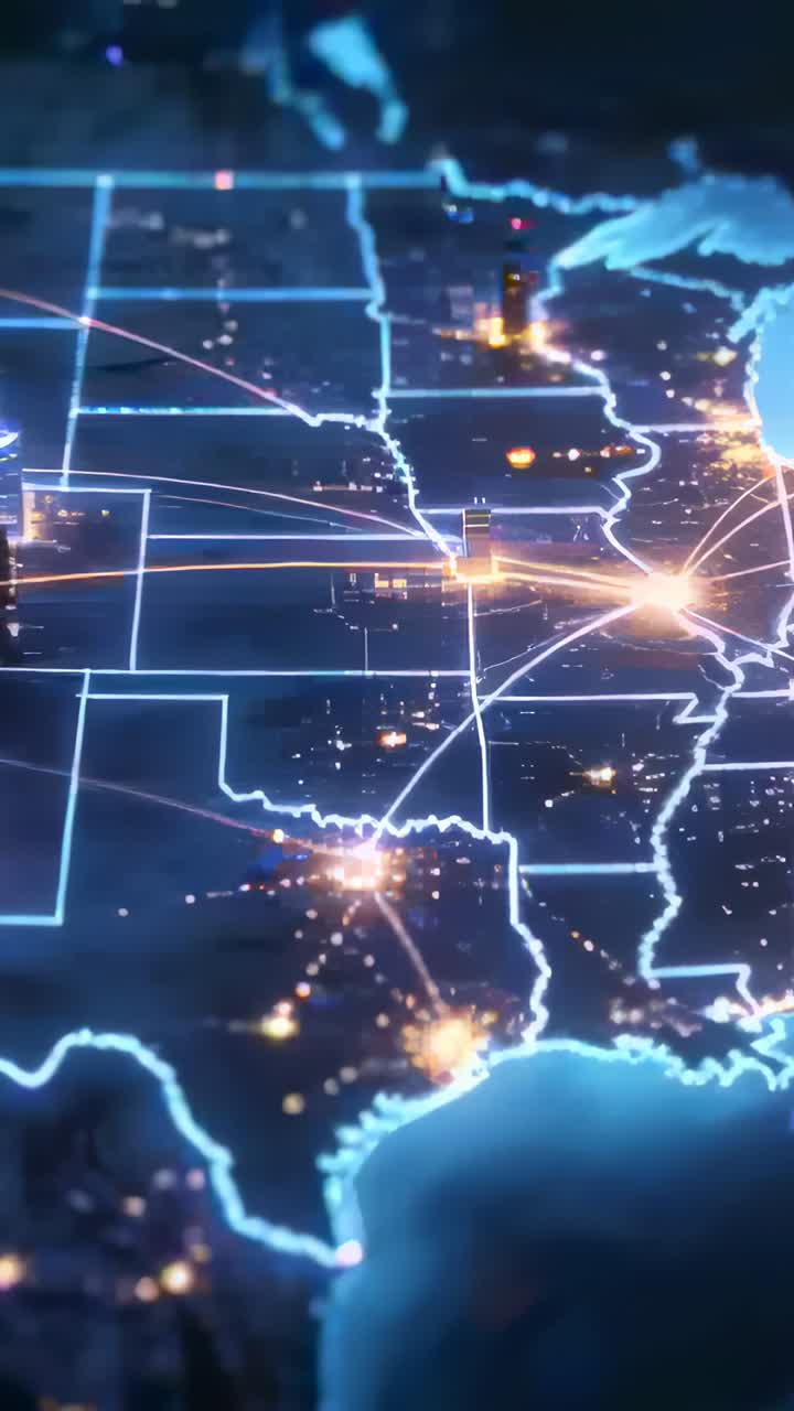 Vertical video: Showing 3D lit map, camera starting soft zoom over central US revealing lit hubs