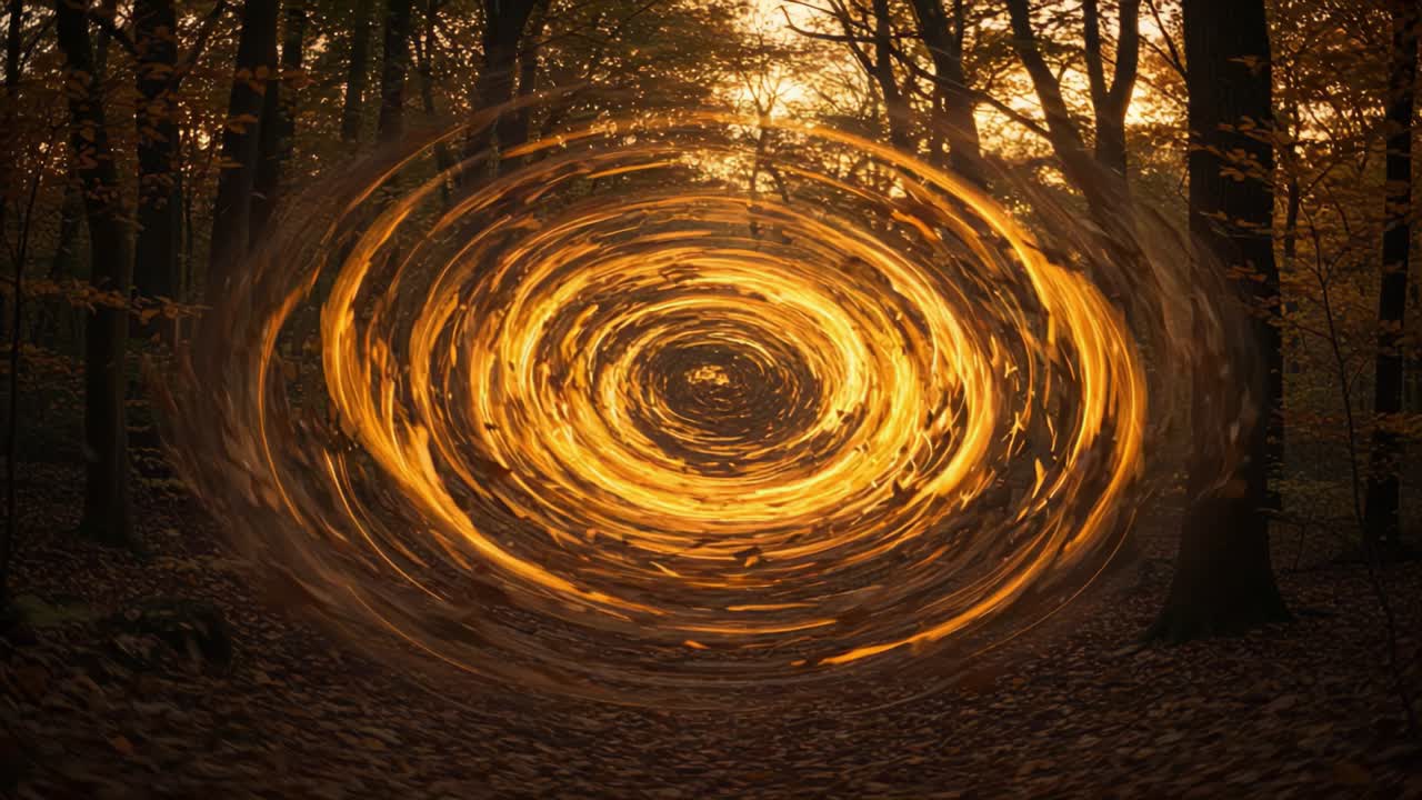 Whirling Energy: Enigmatic Circular Motion in an Autumn Forest Scene Captivates with Spiraling Warmth and Light Amidst the Tranquil Beauty of Nature