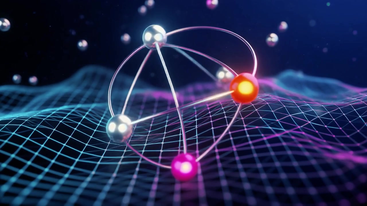 Abstract 3D Animation of Rotating Atomic Structure Over Digital Grid