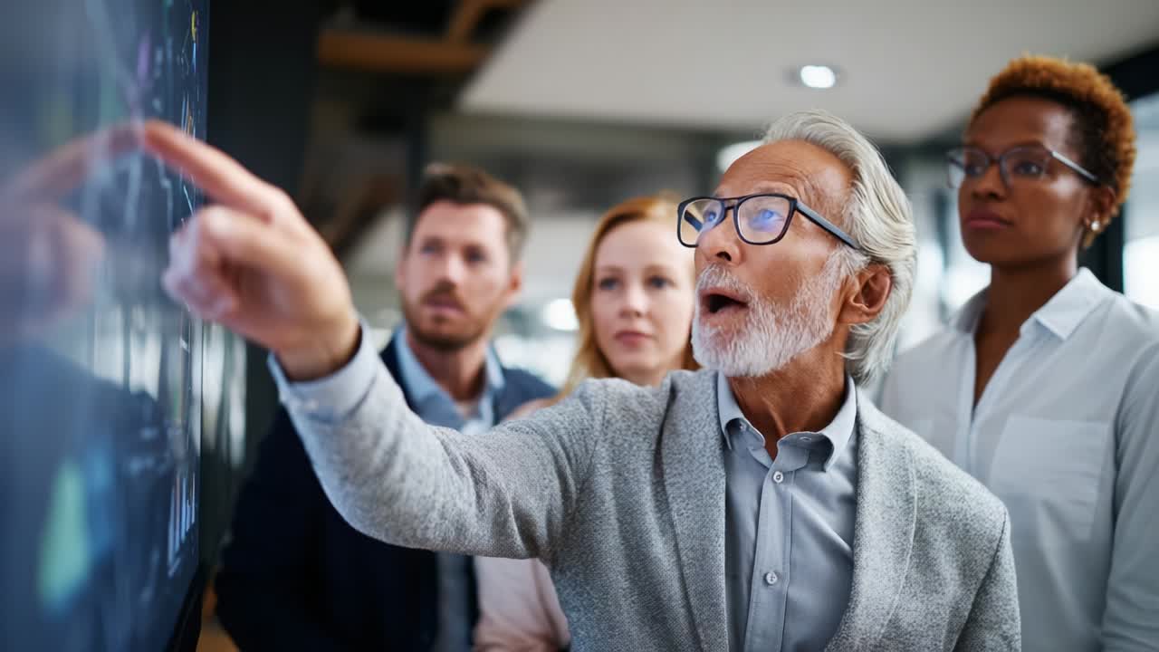 Engaged Team Collaborating on a Digital Display, Analyzing Data and Sharing Insights in a Modern Office Environment, Highlighting the Importance of Teamwork and Effective Communication in Business Settings