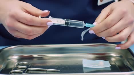 preparing a syringe for injection: a close-up look at the process of filling a syringe with medication in a clinical setting