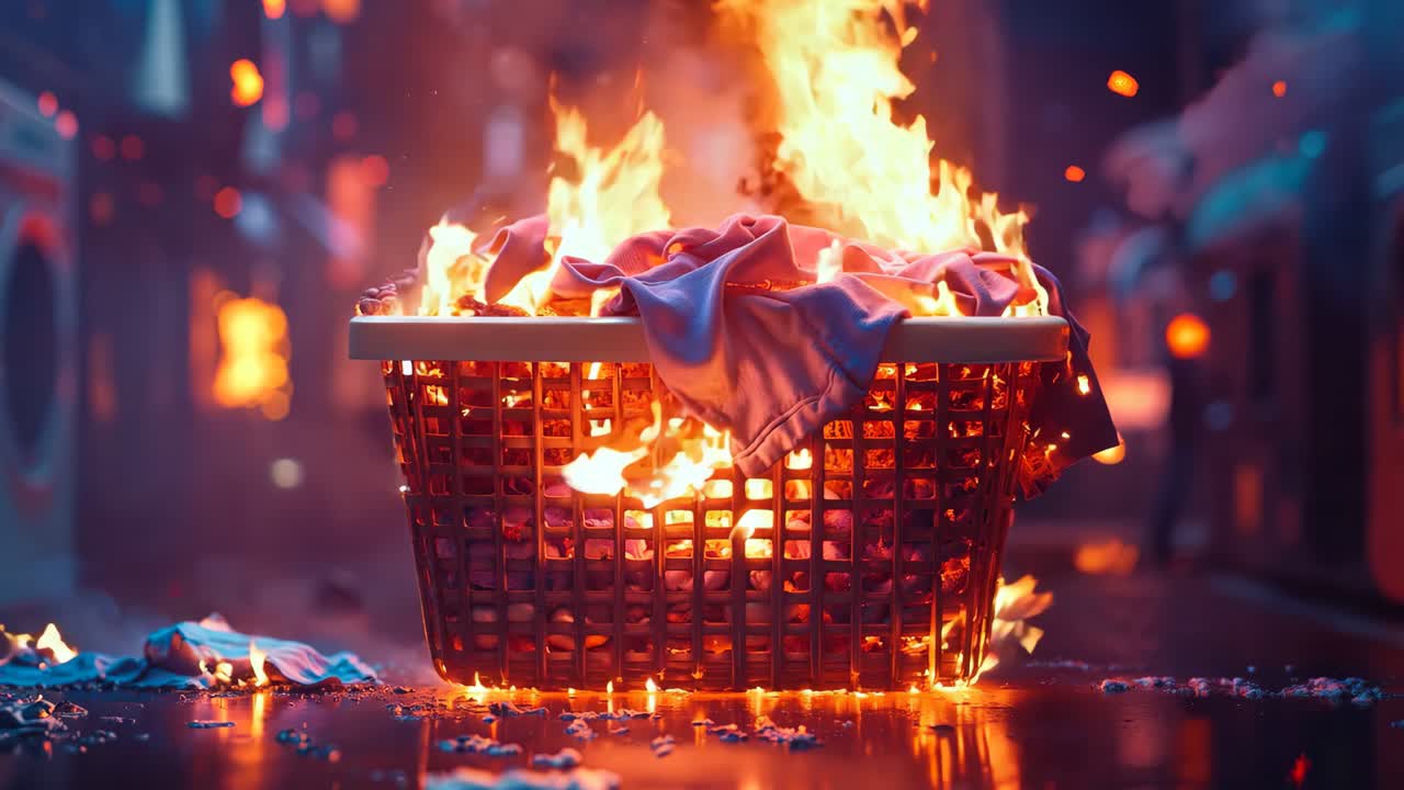 거리의 한가운데에 불타는 옷으로 가득 찬 바구니