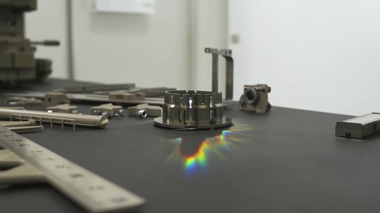 暗い作業台の上に、小型の機械加工された金属部品と工具が並べられている。フレームの中央には円形の部品があり、その奥にはぼやけた機器が写っている。