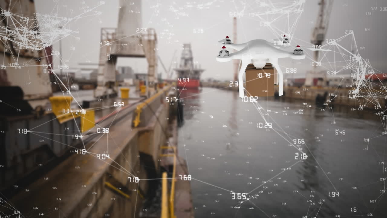 анимация сети соединений через беспилотник с посылкой через верфь