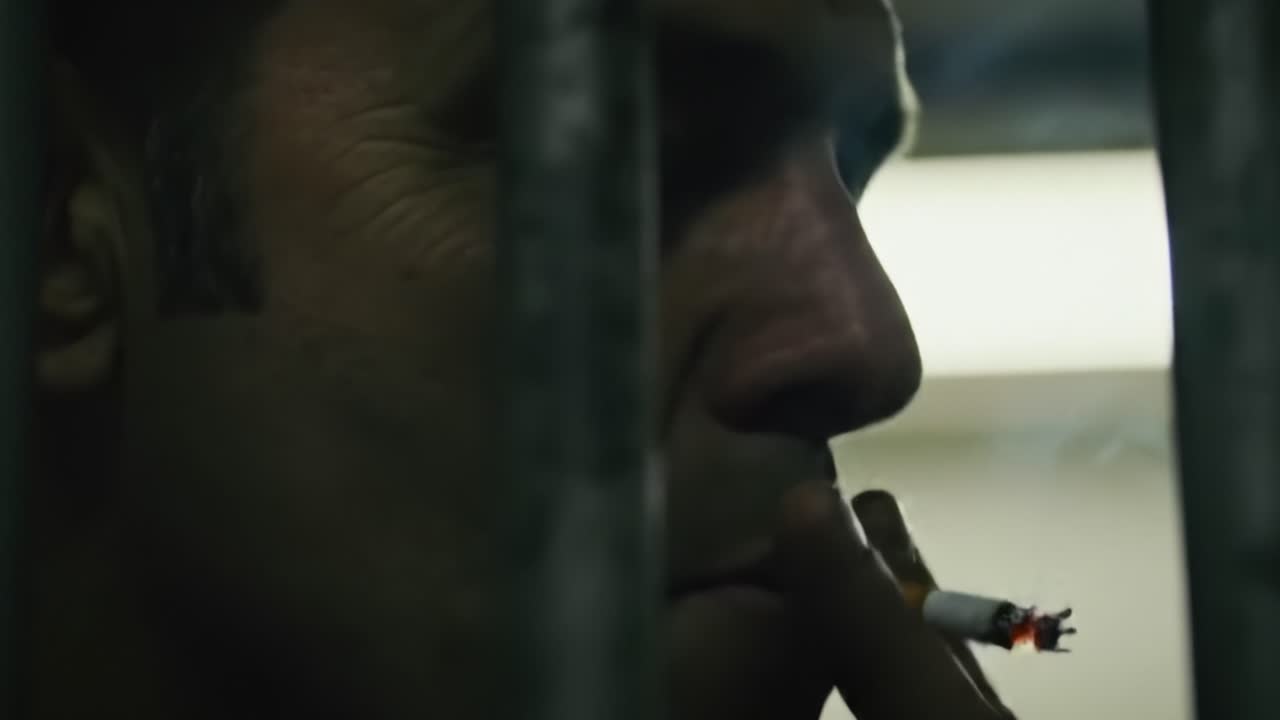 A Captivating Glimpse: The Emotive Expression Behind Bars in a Dimly Lit Setting, Encapsulating Tension, Reflection, and Profound Moments of Inner Conflict