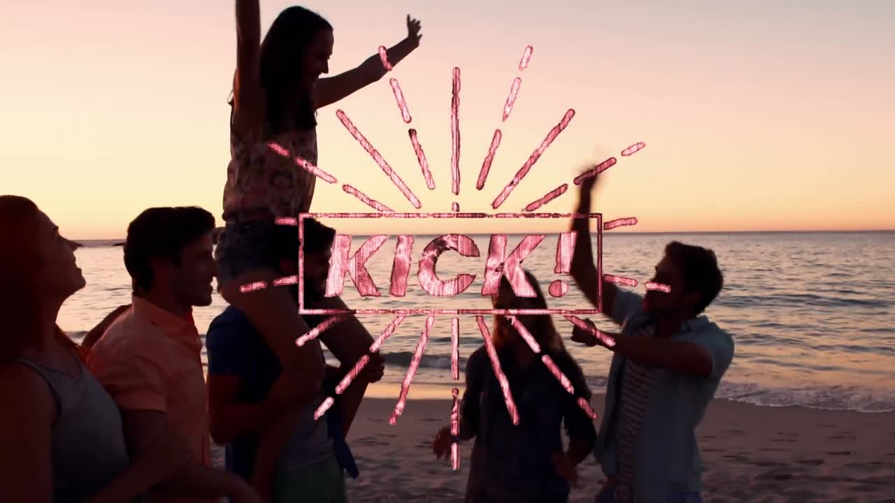 Animation of kick text over people at beach