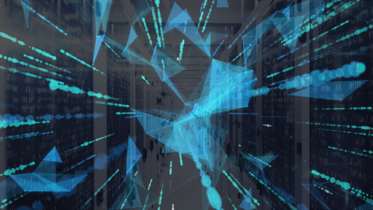 animación de redes de plexus y senderos de luz contra la sala de servidores de computadoras