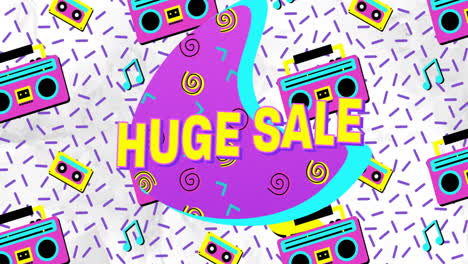 animation of huge sale text over colourful shapes and radios on white background