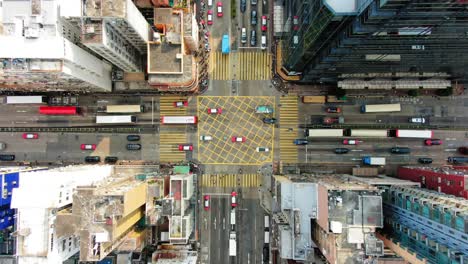 Downtown-Hong-Kong-buildings,-Crosswalk-and-traffic,-High-altitude-aerial-view