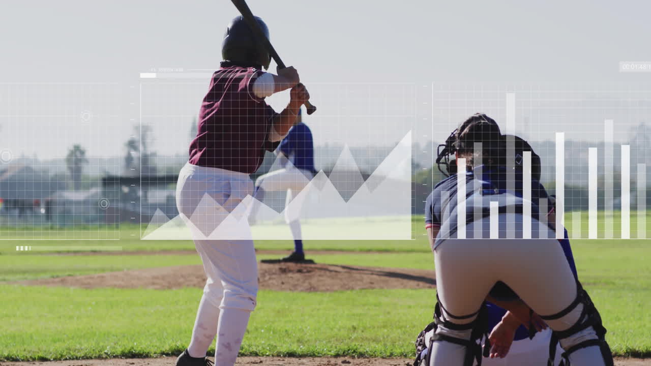 Female batter preparing swing at plate during tech game, showing floating bar and line charts