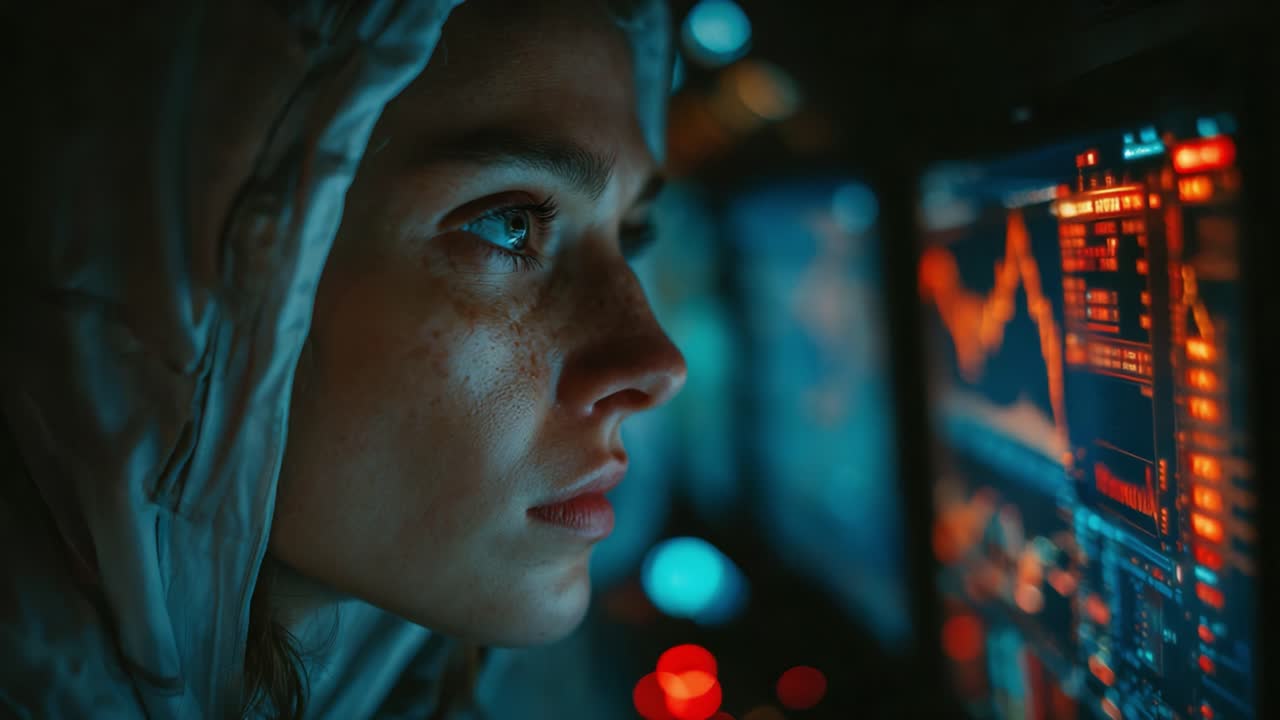Enigmatic Focus: A Close-Up on a Woman Analyzing Complex Data Streams within a Darkened Environment, Illuminated by the Glow of Computer Screens