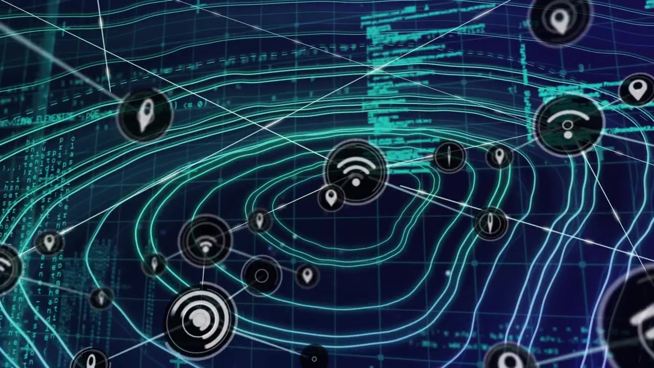 Connessione di rete digitale e visualizzazione dei dati con icone fluttuanti