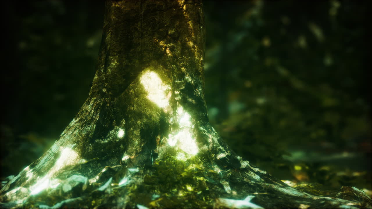 árboles viejos con liquen y musgo en el bosque verde