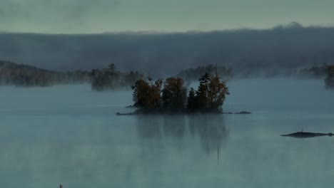 spectacular aerial dawn fog surrounds lake island