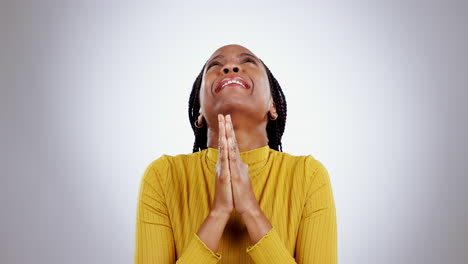 Praying-hands,-help-and-black-woman-in-studio