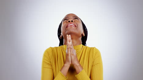 praying hands, help and black woman in studio