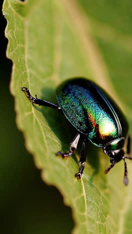iridescent beetle on a leaf