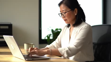 a professional woman engaged in work at her desk: focused on her laptop with a cup by her side, emphasizing a productive work environment and modern office aesthetics