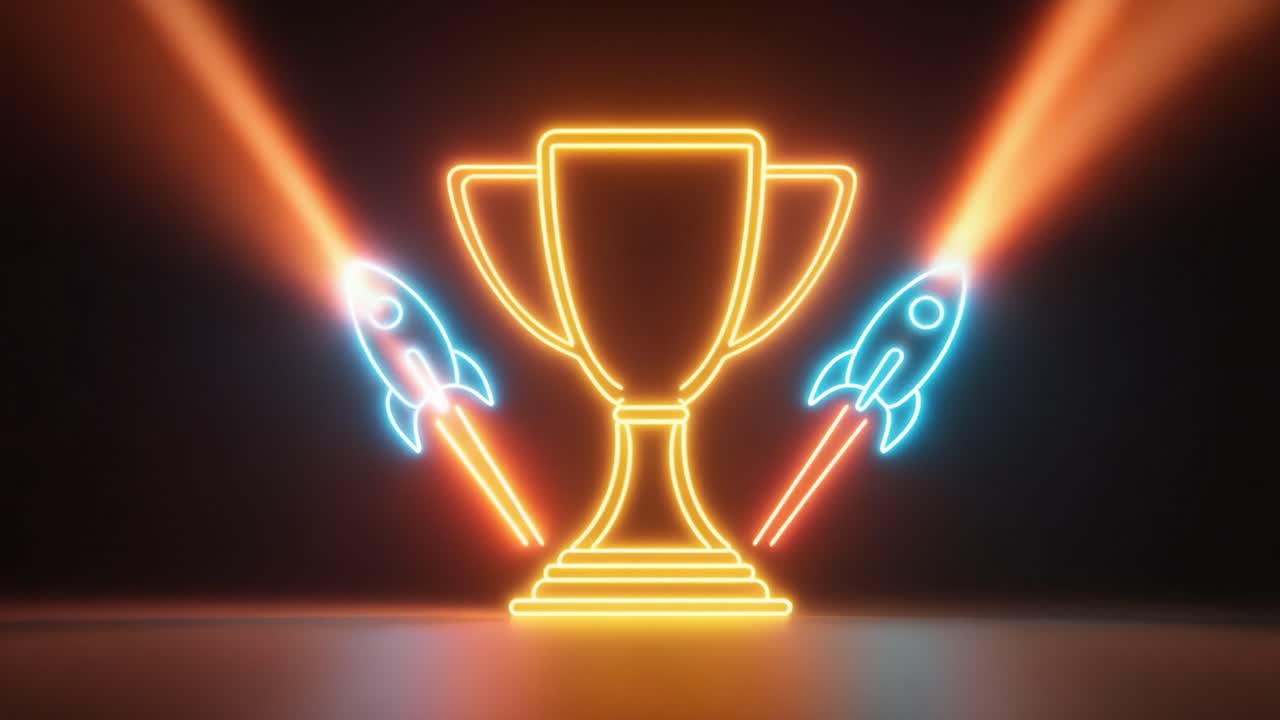 Glowing neon icons of a golden trophy cup and two blue rockets with fiery trails lighting up a dark, reflective surface, representing victory, achievement, startup success, and competition