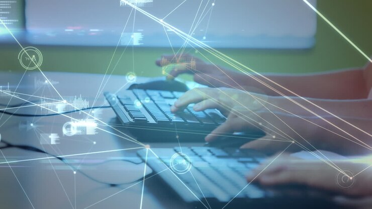 Animation of glowing network of connections and data over hands of children using computers