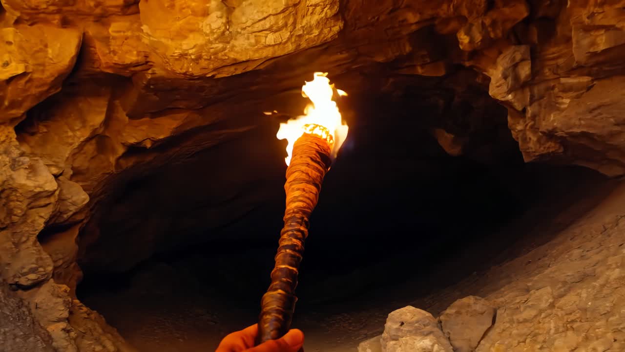 A person holding a torch in a cave