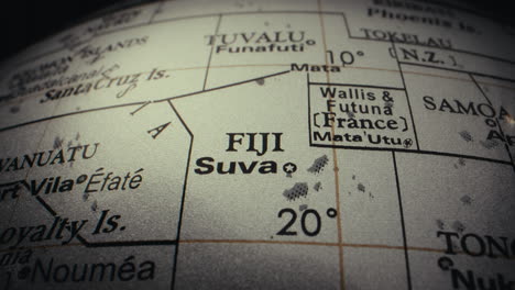close-up of a world globe map, centered on fiji