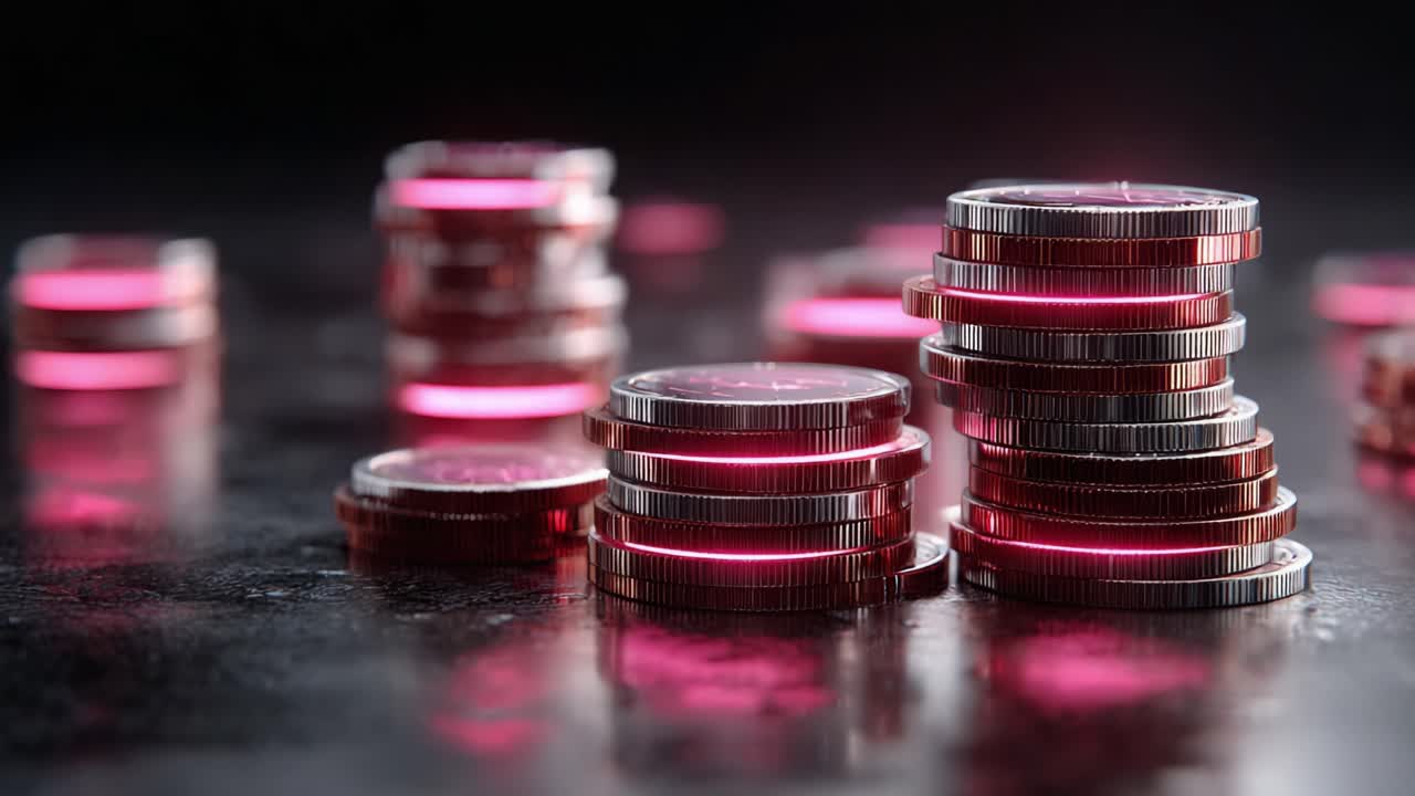 A Captivating Display of Stacked Coins Illuminated by Striking Pink Light Creating a Visually Engaging Financial Still Life