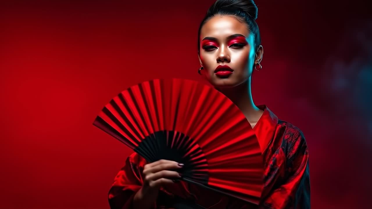 A woman in a red kimono holding a red fan