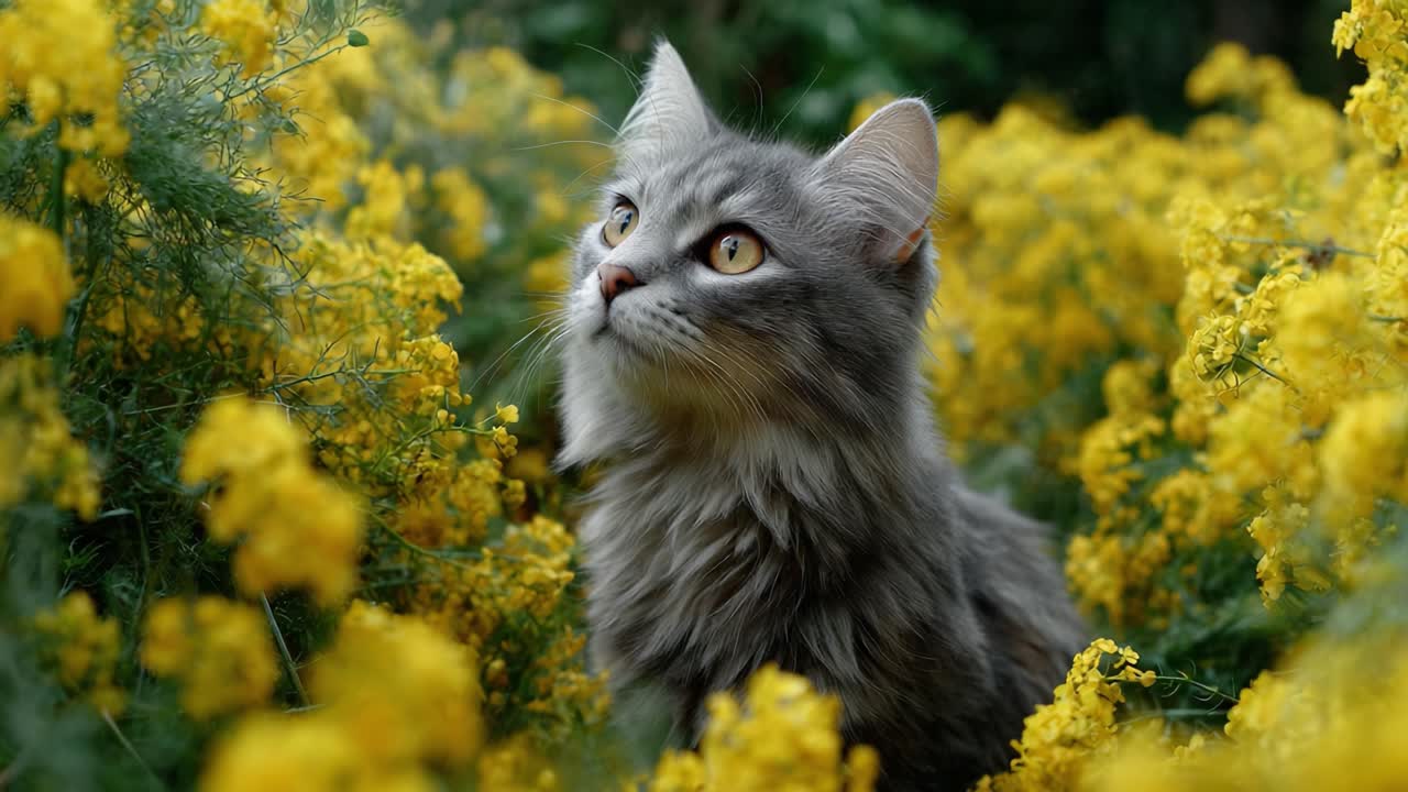 A Majestic Cat Gazing Amidst a Vibrant Field of Yellow Flowers, Capturing the Beauty of Nature and Feline Grace in a Calm, Serene Environment