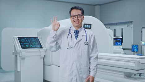 asian male doctor showing okay gesture and smiling with mri machine in the hospital