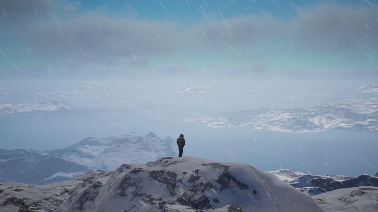 눈 인 산 꼭대기에 서있는 사람. 추운 눈이 인 풍경, 공중 풍경, 비현실적인 4k 스크린.