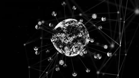 animación de iconos de globo y personas sobre fondo negro