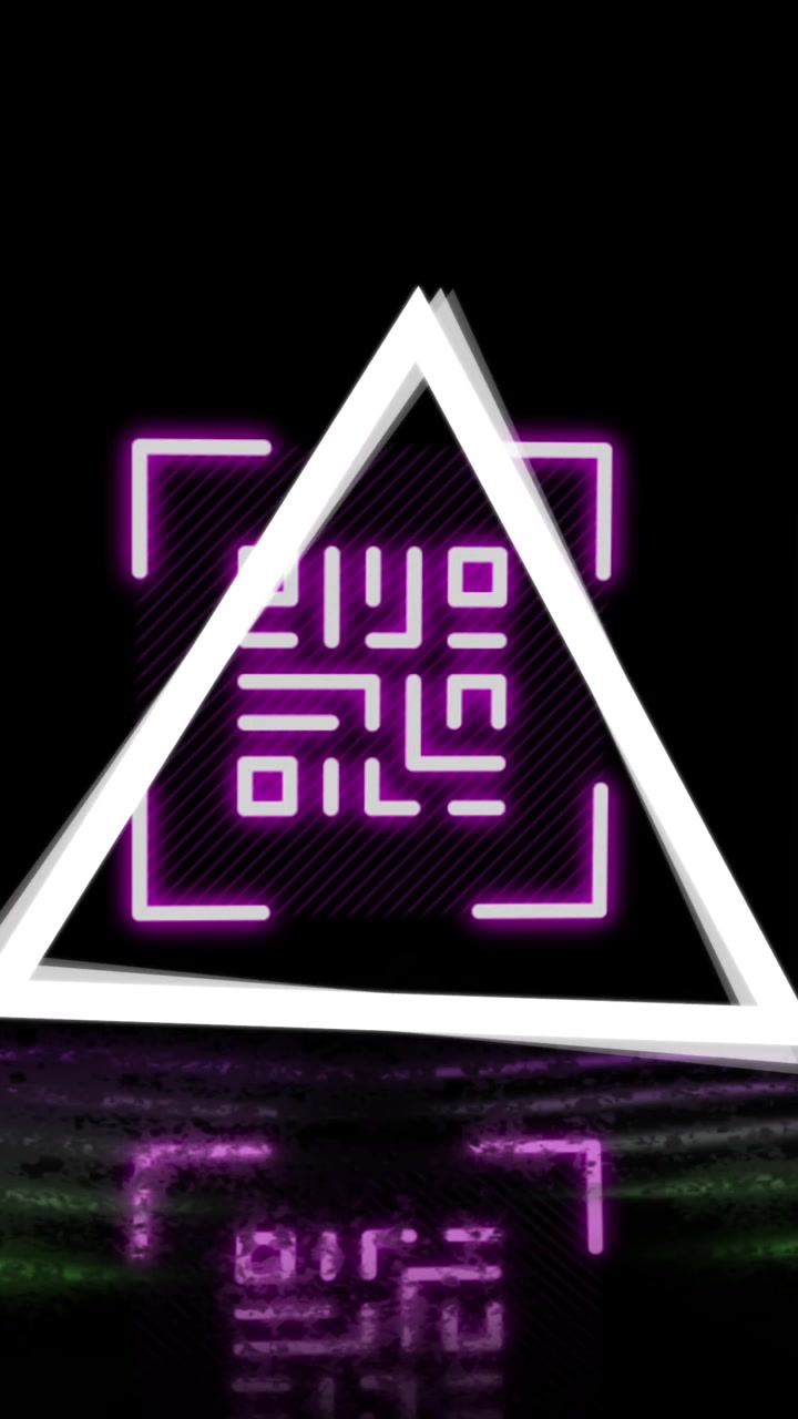 Animation of glowing qr code over neon geometric shapes