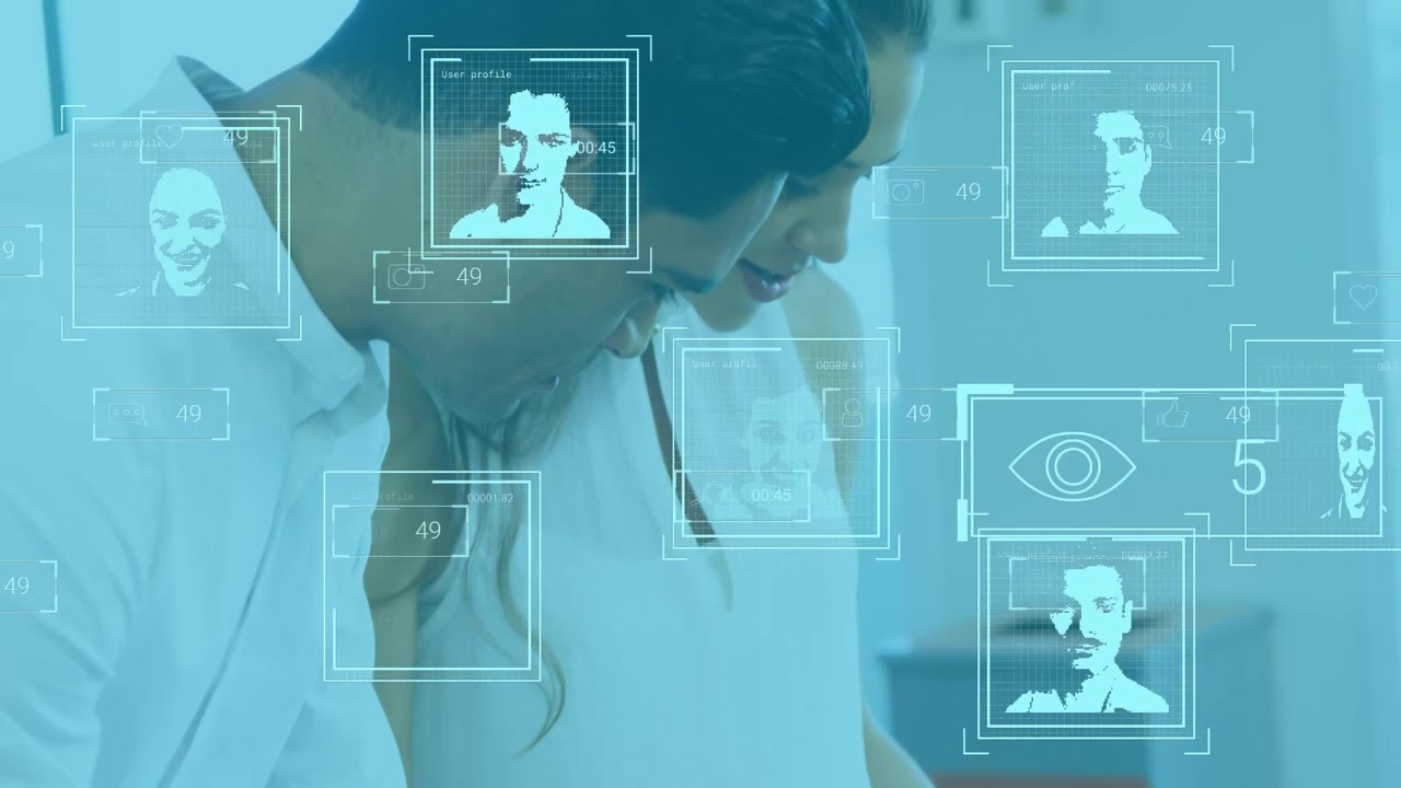Animation of online people icons over diverse business people