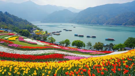 tulip fields by a lake with mountains