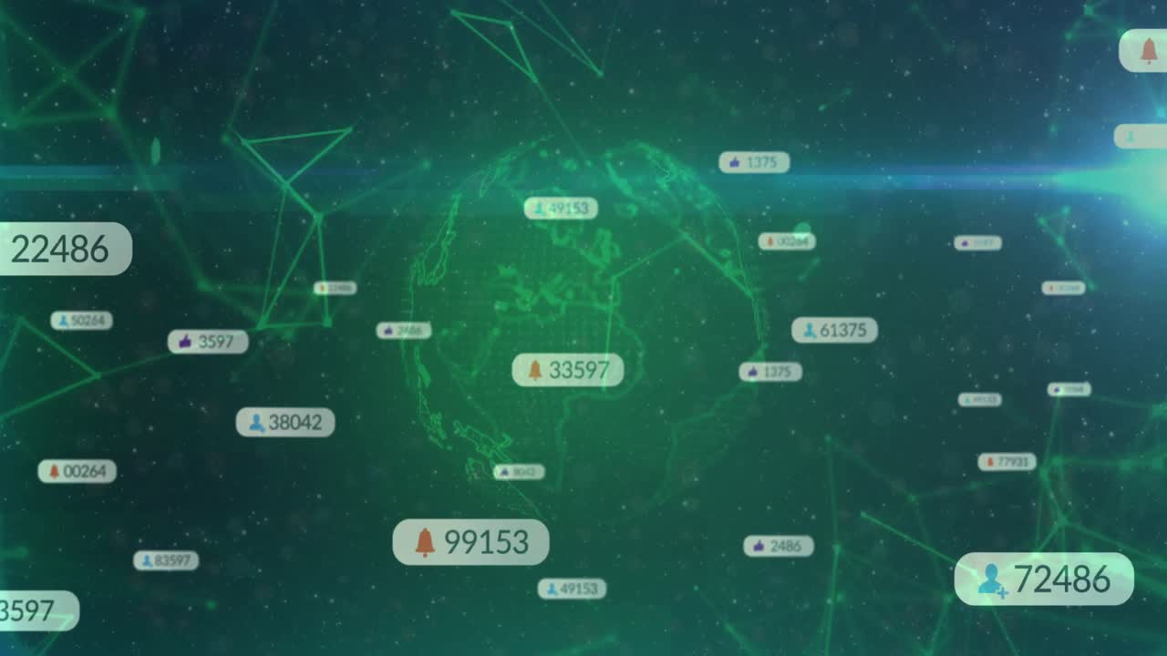 Green globe materializing rotating with numeric tags orbiting and fading and showing global network