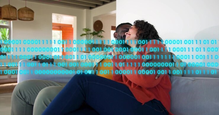 Man draping arm around woman smiling as technology binary code overlay appearing then sliding away
