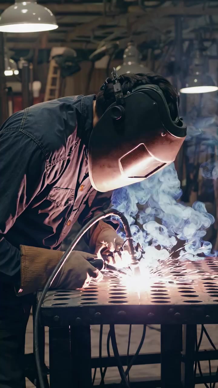 Skilled Welder Working with Sparks and Smoke in a Workshop