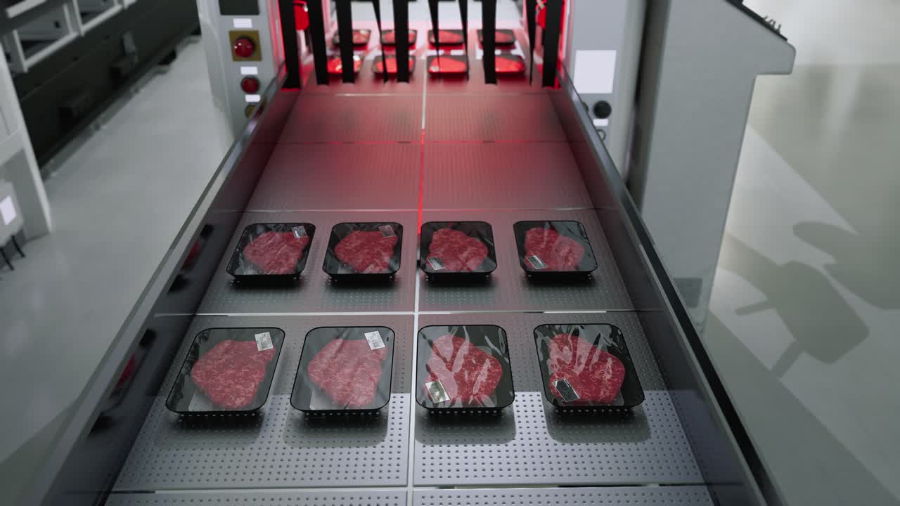 Packaged Raw Meat Trays On A Conveyor Belt In A Factory
