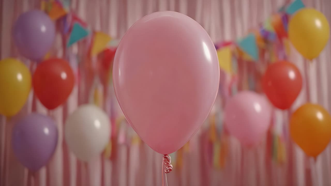 Una vivace scena di festa con un palloncino rosa circondato da decorazioni colorate, perfetta per feste di compleanno o raduni festivi, catturata in due momenti.