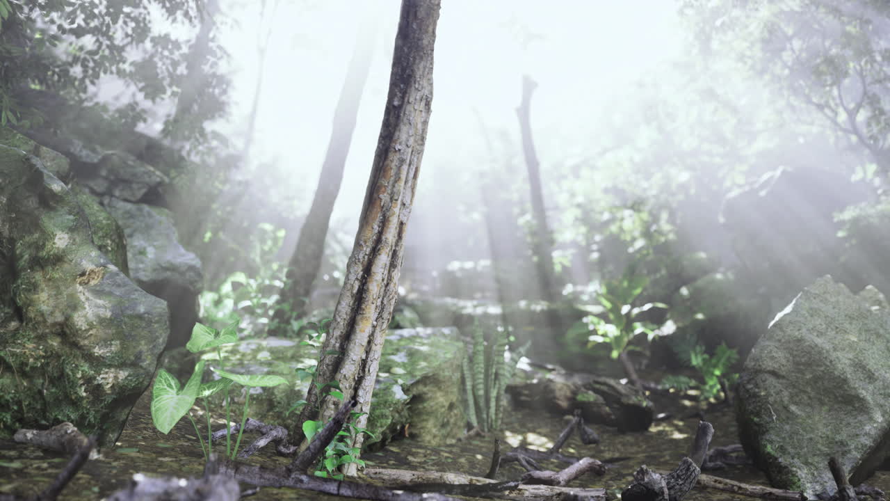 Sunlight filters through trees in a lush forest in the early morning