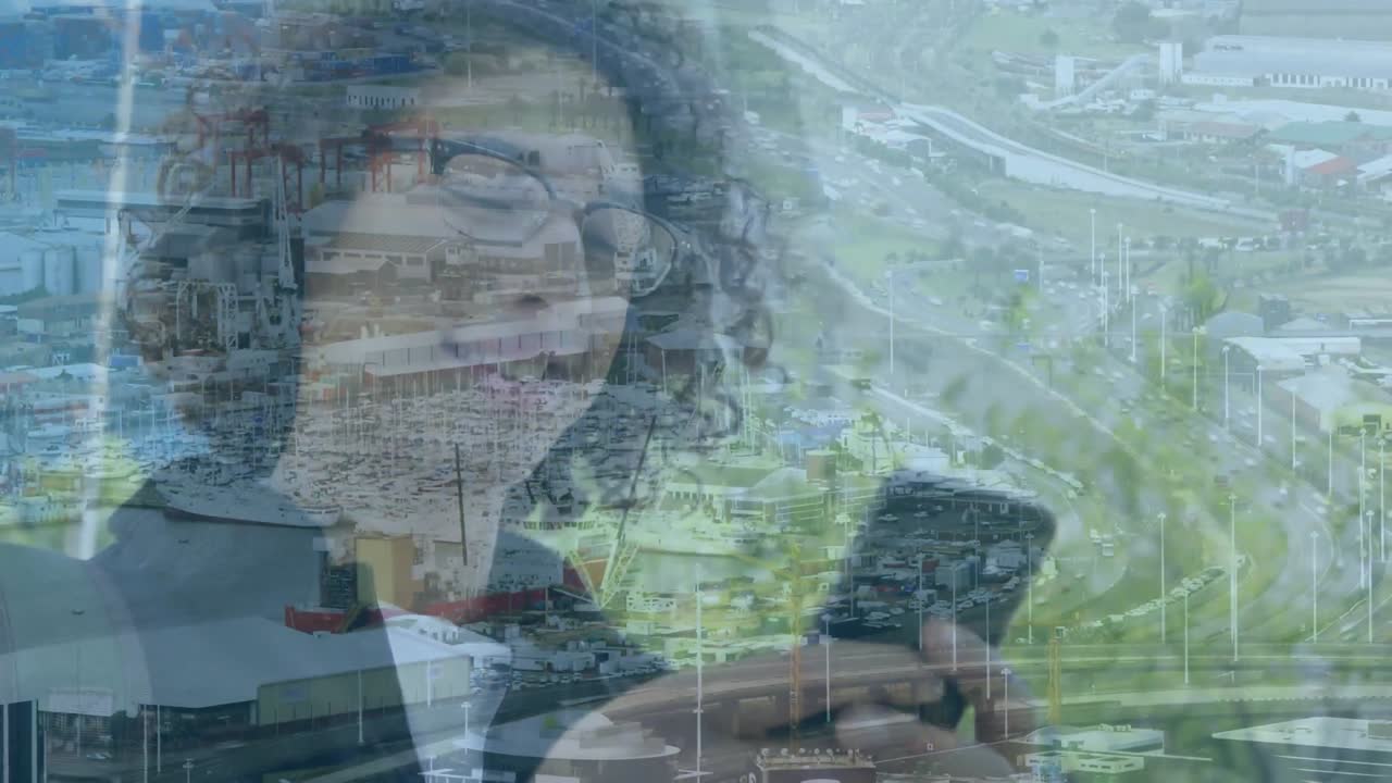 animación de un hombre usando un teléfono inteligente sobre el paisaje urbano