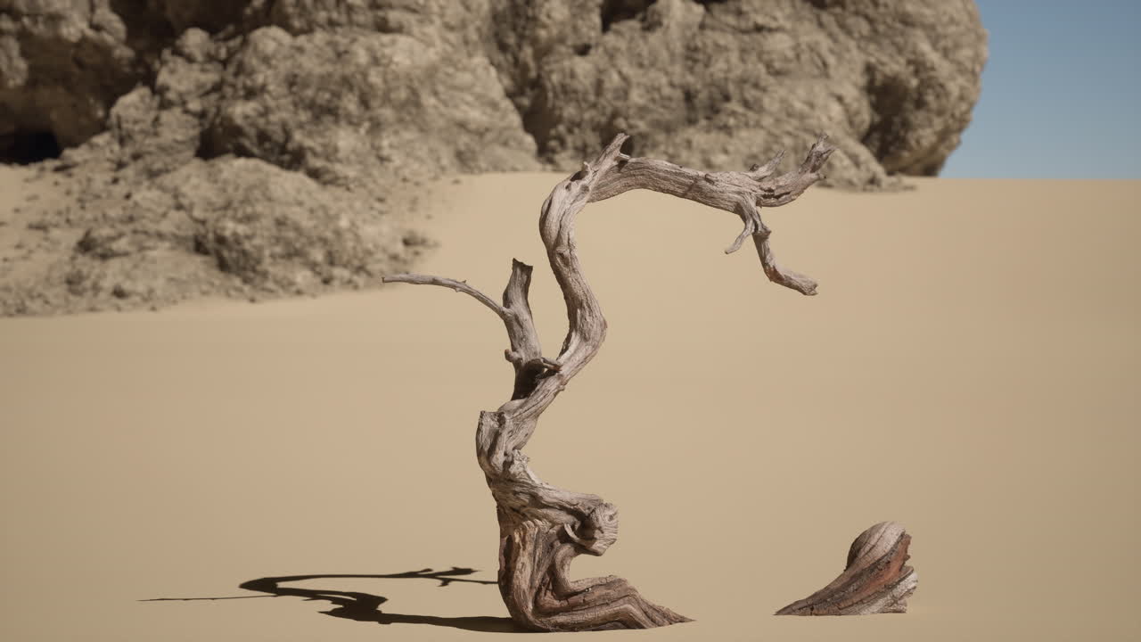 죽은 나무가 사막에 서 있고, 모래 언덕과 바위 형성이 배경입니다.