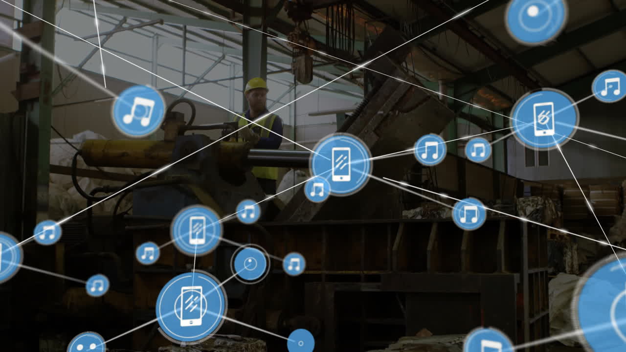dispositivos conectados y iconos de música animación sobre trabajadores de fábricas industriales trabajando